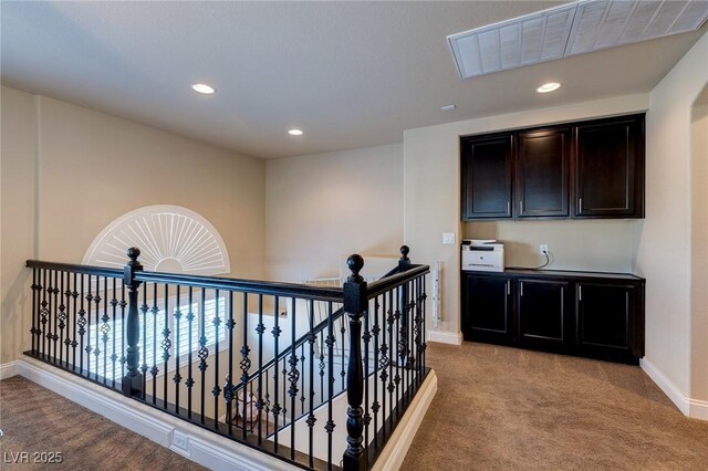 6403 Brandon Hills Ct, Las Vegas, NV 89139 - corridor with an upstairs landing, light colored carpet, baseboards, and recessed lighting