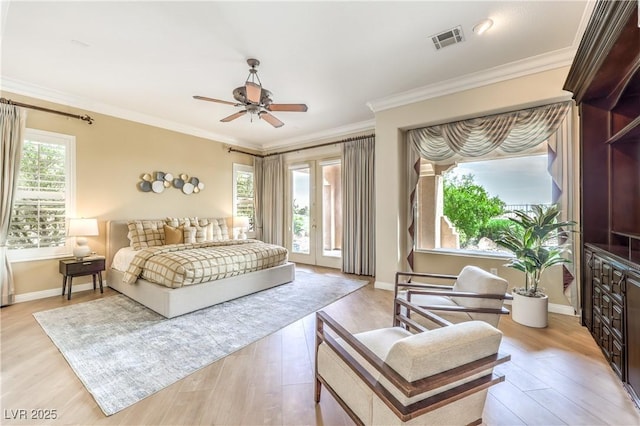 5162 Estasi St, Las Vegas, NV 89135 - bedroom with access to exterior, light wood-type flooring, crown molding, baseboards, and a ceiling fan