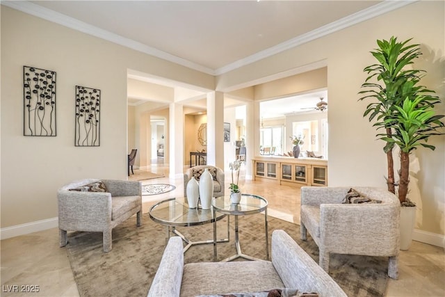 5162 Estasi St, Las Vegas, NV 89135 - living room with ornamental molding, baseboards, a ceiling fan, and light tile patterned floors