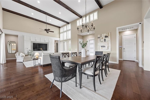 6700 Regency Stone Way, Las Vegas, NV 89148 - dining space with a towering ceiling, beamed ceiling, ceiling fan, dark wood finished floors, and a chandelier