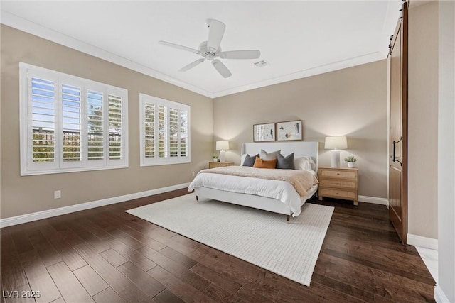 6700 Regency Stone Way, Las Vegas, NV 89148 - bedroom featuring baseboards, dark wood finished floors, crown molding, and a ceiling fan