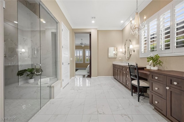 6700 Regency Stone Way, Las Vegas, NV 89148 - bathroom featuring marble look tile flooring, a marble finish shower, vanity, connected bathroom, and baseboards