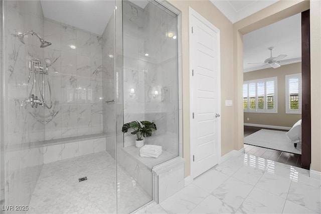 6700 Regency Stone Way, Las Vegas, NV 89148 - bathroom with a marble finish shower, baseboards, marble finish flooring, and ceiling fan