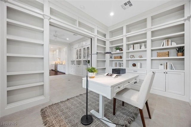 6700 Regency Stone Way, Las Vegas, NV 89148 - office with built in shelves, ceiling fan, light tile patterned floors, and recessed lighting