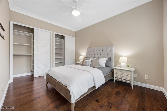 6700 Regency Stone Way, Las Vegas, NV 89148 - bedroom featuring baseboards, dark wood-style floors, a ceiling fan, and crown molding