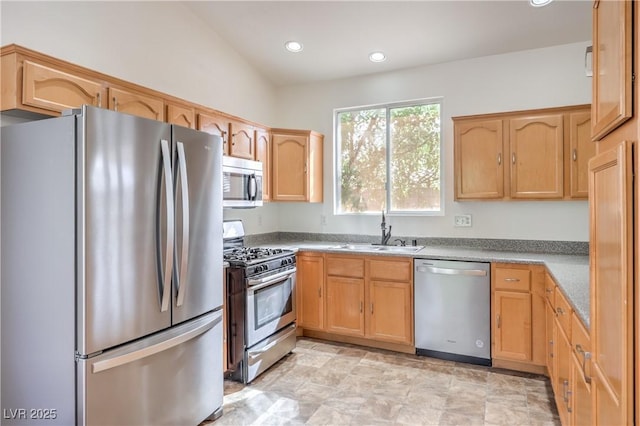 202 Twin Creek St, Henderson, NV 89074 - kitchen with stainless steel appliances, a sink, recessed lighting, and light brown cabinetry