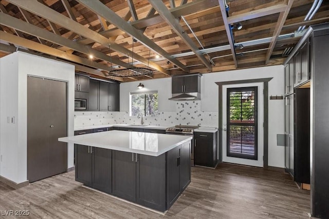 3971 Arlberg Way, Mount Charleston, NV 89124 - kitchen featuring stainless steel appliances, wood finished floors, tasteful backsplash, under cabinet range hood, and beamed ceiling