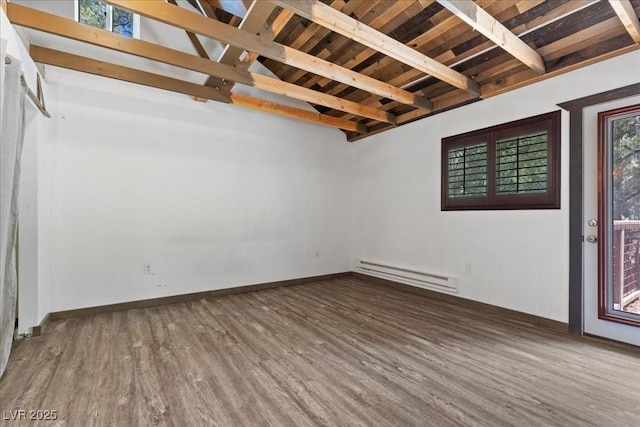 3971 Arlberg Way, Mount Charleston, NV 89124 - spare room with baseboard heating, wood ceiling with exposed beams, wood finished floors, and baseboards