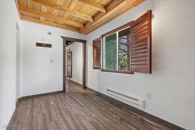 3971 Arlberg Way, Mount Charleston, NV 89124 - unfurnished room featuring a baseboard heating unit, wood ceiling with exposed beams, wood finished floors, and baseboards
