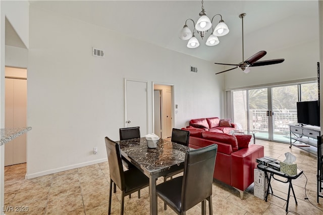5000 Red Rock St Unit 248, Las Vegas, NV 89118 - dining space with high vaulted ceiling, a ceiling fan, a chandelier, and light tile patterned floors