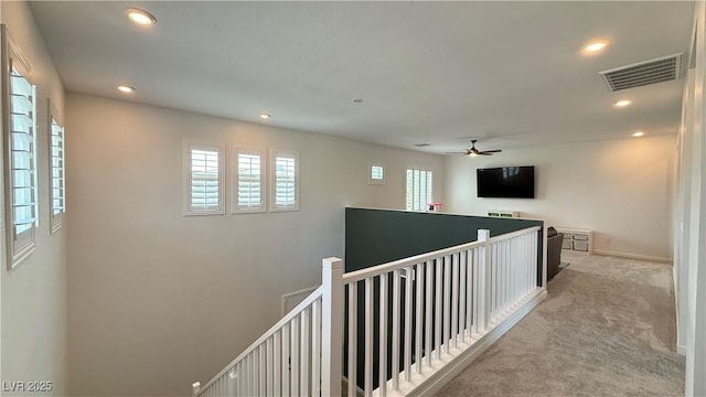 754 Agate Hills St, Las Vegas, NV 89138 - hallway with an upstairs landing, light colored carpet, and recessed lighting