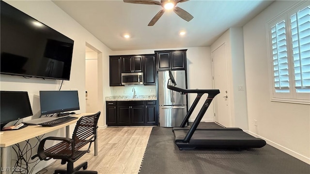 754 Agate Hills St, Las Vegas, NV 89138 - workout room featuring a sink, ceiling fan, recessed lighting, baseboards, and light wood-type flooring
