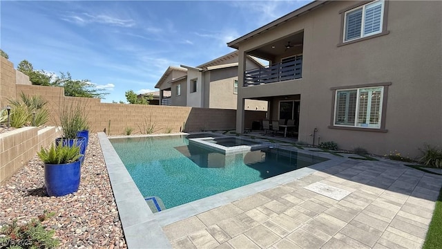 754 Agate Hills St, Las Vegas, NV 89138 - view of pool featuring a fenced backyard, a patio, ceiling fan, and a pool with connected hot tub