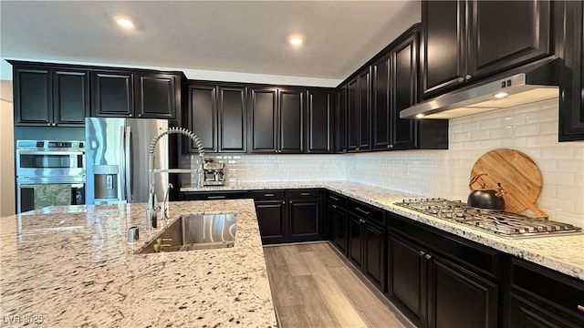 754 Agate Hills St, Las Vegas, NV 89138 - kitchen featuring under cabinet range hood, appliances with stainless steel finishes, dark cabinets, and light wood-style floors