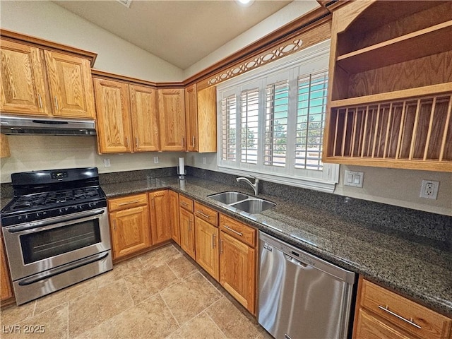 1361 Moose St, Pahrump, NV 89048 - kitchen with stainless steel appliances, open shelves, a sink, under cabinet range hood, and lofted ceiling