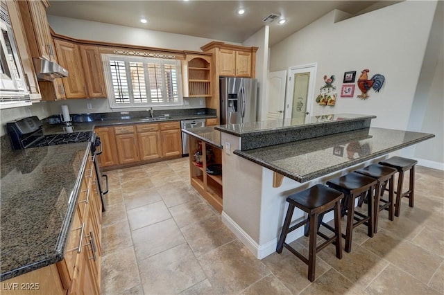 1361 Moose St, Pahrump, NV 89048 - kitchen with open shelves, stainless steel appliances, a sink, a kitchen island, and extractor fan