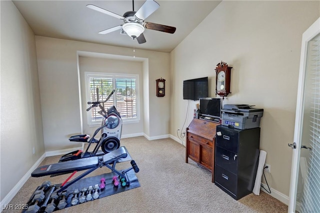 1361 Moose St, Pahrump, NV 89048 - workout room with ceiling fan, light colored carpet, and baseboards