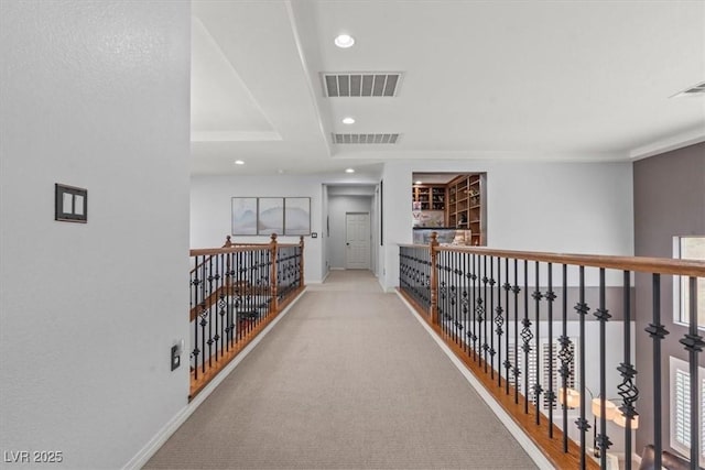 7001 Via Locanda Ave, Las Vegas, NV 89131 - hall featuring baseboards, recessed lighting, an upstairs landing, and carpet flooring