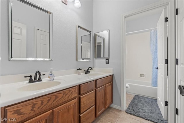 7001 Via Locanda Ave, Las Vegas, NV 89131 - bathroom with double vanity, toilet, tile patterned flooring, and shower / bath combination with curtain