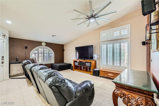 1905 Dakota Hills Ave, Las Vegas, NV 89123 - tiled living room featuring lofted ceiling and a ceiling fan