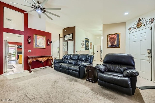 1905 Dakota Hills Ave, Las Vegas, NV 89123 - living area featuring a ceiling fan, light colored carpet, high vaulted ceiling, and recessed lighting