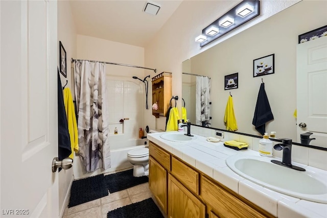 1905 Dakota Hills Ave, Las Vegas, NV 89123 - full bathroom with double vanity, tile patterned floors, and shower / bathtub combination with curtain