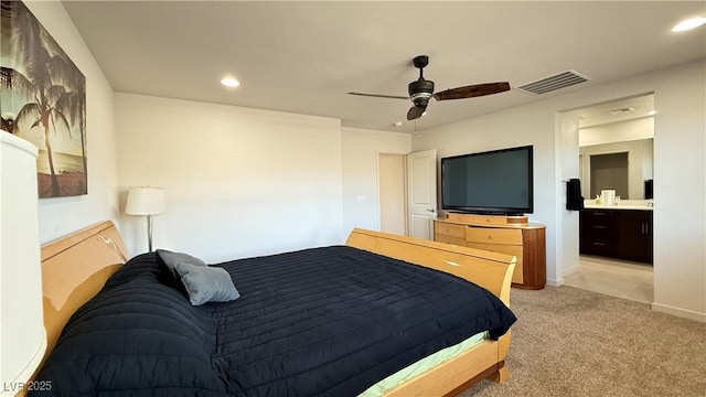 2924 Sunday Silence Rd, North Las Vegas, NV 89086 - bedroom with light carpet, recessed lighting, baseboards, a ceiling fan, and ensuite bathroom