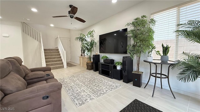 2924 Sunday Silence Rd, North Las Vegas, NV 89086 - living room with stairs, recessed lighting, and a ceiling fan