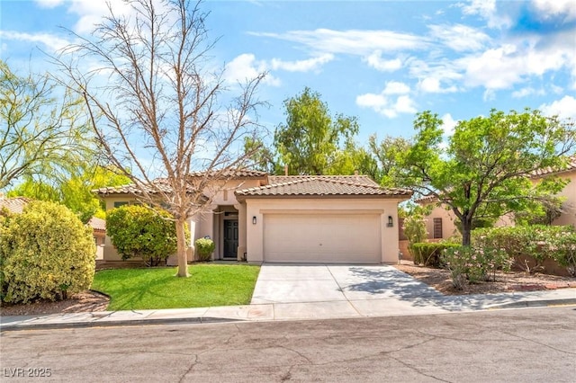 10505 Jeremy Ridge Ave, Las Vegas, NV 89144 - mediterranean / spanish house with stucco siding, an attached garage, concrete driveway, a tile roof, and a front yard