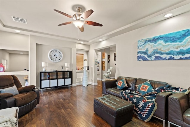 6714 Flamenco Ct, Las Vegas, NV 89139 - living room with ceiling fan, hardwood / wood-style floors, a raised ceiling, and recessed lighting