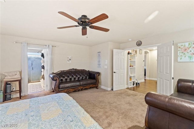 6714 Flamenco Ct, Las Vegas, NV 89139 - bedroom featuring carpet flooring, arched walkways, ceiling fan, and ensuite bath