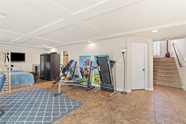 6714 Flamenco Ct, Las Vegas, NV 89139 - bedroom featuring coffered ceiling, beamed ceiling, recessed lighting, and tile patterned flooring