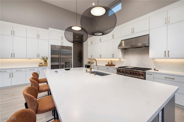 10781 Agate Cliffs Ave, Las Vegas, NV 89135 - kitchen featuring range hood, high end appliances, a sink, high vaulted ceiling, and a kitchen bar