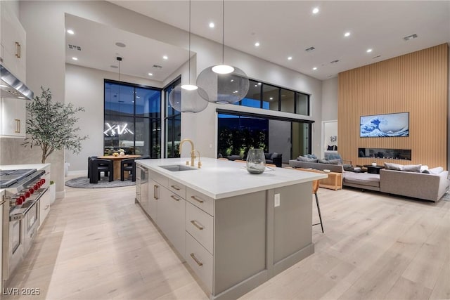10781 Agate Cliffs Ave, Las Vegas, NV 89135 - kitchen with modern cabinets, a sink, a large island, a high ceiling, and light wood-style flooring