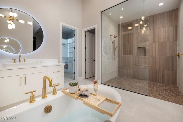 10781 Agate Cliffs Ave, Las Vegas, NV 89135 - full bathroom with a walk in shower, tile patterned floors, vanity, and recessed lighting