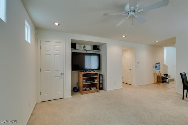 7645 Interlace St, Las Vegas, NV 89149 - living room featuring a ceiling fan, carpet floors, recessed lighting, and baseboards