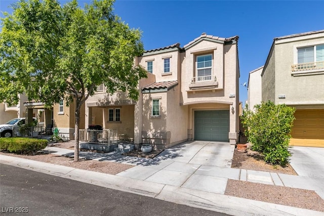 7645 Interlace St, Las Vegas, NV 89149 - view of front of home with stucco siding, a tile roof, a garage, concrete driveway, and a porch