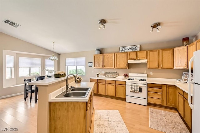 3539 Barrel Bronco Ct, North Las Vegas, NV 89032 - kitchen with white appliances, under cabinet range hood, a sink, lofted ceiling, and light wood-style flooring