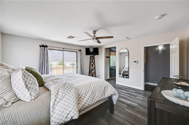 4308 Desert Haven Ave, North Las Vegas, NV 89085 - bedroom with baseboards, ceiling fan, access to outside, and dark wood-style flooring