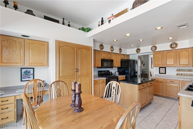 5104 Burr Oak Dr, Las Vegas, NV 89130 - kitchen featuring black appliances, recessed lighting, a kitchen island, light tile patterned floors, and light brown cabinetry