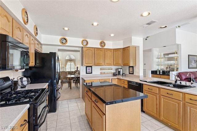 5104 Burr Oak Dr, Las Vegas, NV 89130 - kitchen with black appliances, a sink, light tile patterned floors, a center island, and recessed lighting