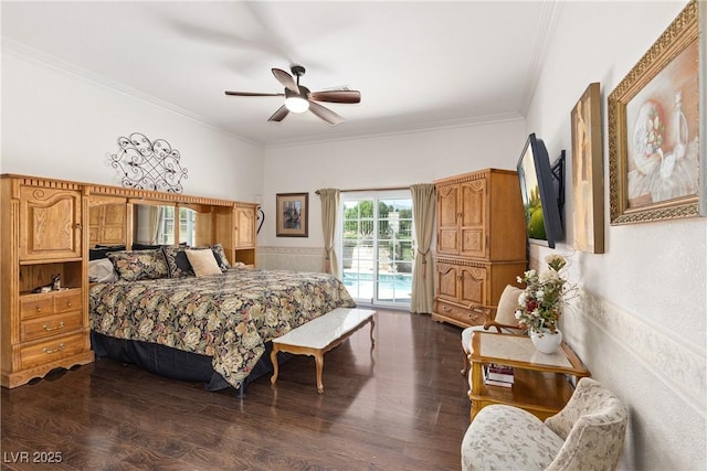 5104 Burr Oak Dr, Las Vegas, NV 89130 - bedroom with access to outside, ornamental molding, dark wood-type flooring, and a ceiling fan