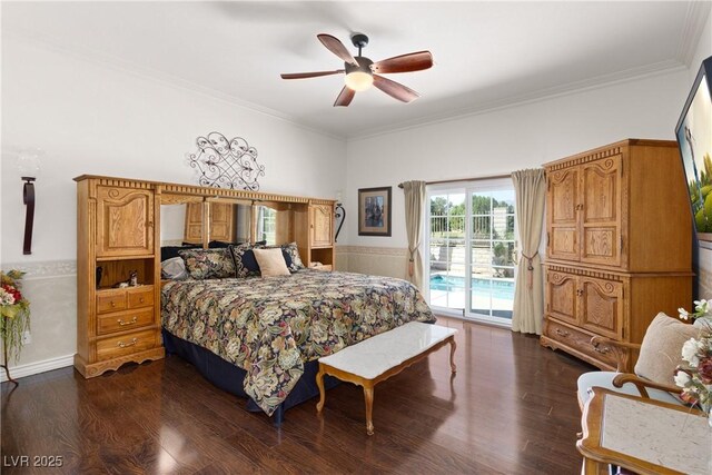 5104 Burr Oak Dr, Las Vegas, NV 89130 - bedroom featuring access to outside, dark wood-type flooring, ornamental molding, and a ceiling fan