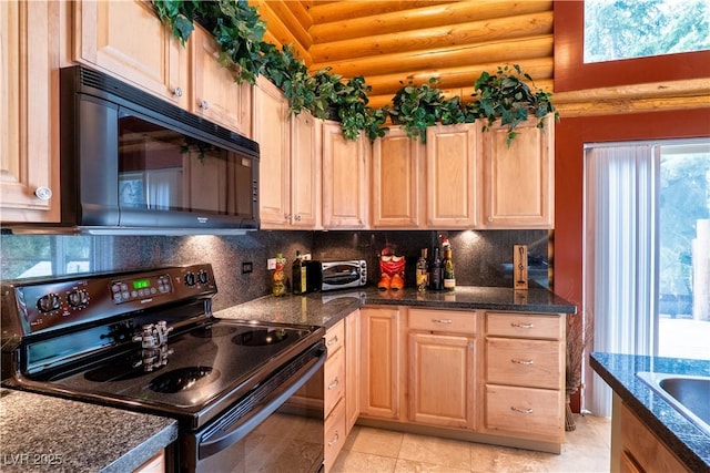 401 Alpine Way, Las Vegas, NV 89124 - kitchen with black appliances, rustic walls, light brown cabinetry, backsplash, and light tile patterned floors
