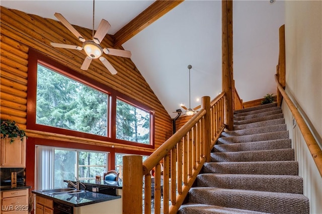 401 Alpine Way, Las Vegas, NV 89124 - stairs featuring high vaulted ceiling, a ceiling fan, and log walls