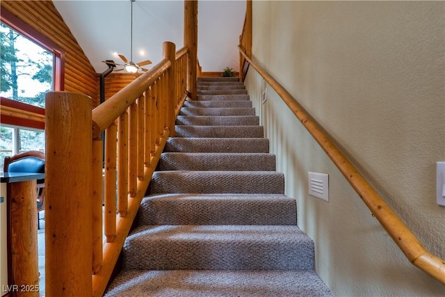 401 Alpine Way, Las Vegas, NV 89124 - stairway featuring ceiling fan, carpet flooring, and high vaulted ceiling