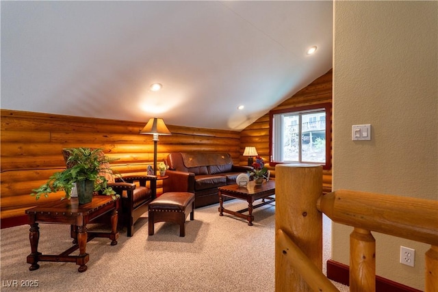 401 Alpine Way, Las Vegas, NV 89124 - living room featuring log walls, vaulted ceiling, light carpet, recessed lighting, and a textured wall