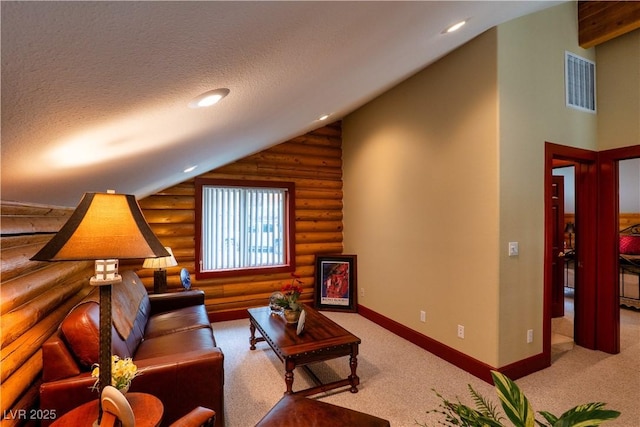 401 Alpine Way, Las Vegas, NV 89124 - carpeted living area featuring log walls, vaulted ceiling, baseboards, and recessed lighting