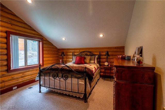 401 Alpine Way, Las Vegas, NV 89124 - bedroom featuring rustic walls, lofted ceiling, recessed lighting, and carpet flooring