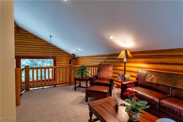 401 Alpine Way, Las Vegas, NV 89124 - living room featuring rustic walls, lofted ceiling, and carpet